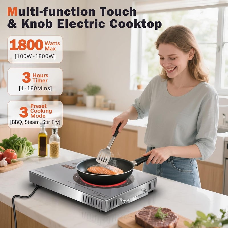 Traenvir Single Burner Electric Cooktop, Protable Electric Stove with Handle, Countertop Ceramic Stove top for Camping, Home, RVs, Child Lock, Timer, Steam, BBQ, Stir Fry,110V - 120V Plug in, Grey - Image 2